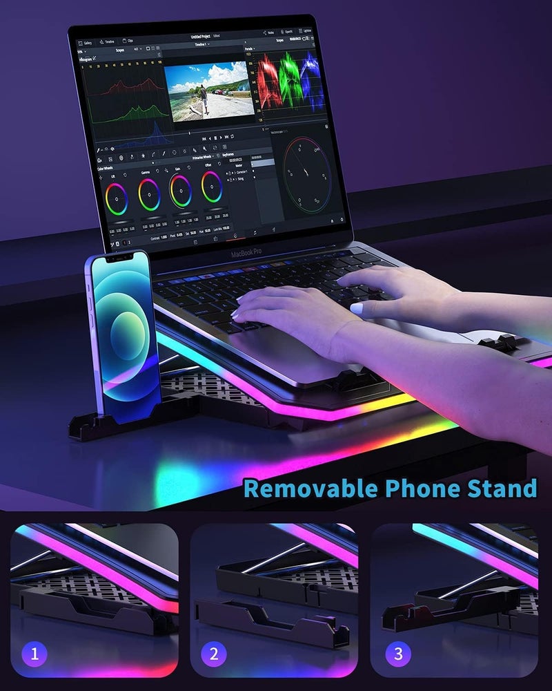 KeiBn وسادة تبريد لابتوب مطورة، مع أضواء RGB، مبرد لابتوب بـ 6 مراوح لأجهزة اللابتوب من 15.6 إلى 17.3 بوصة، 7 ارتفاعات، 10 أوضاع إضاءة، 2 منفذ USB، للاستخدام على المكتب أو في الحضن (A8، أزرق) - Image 5